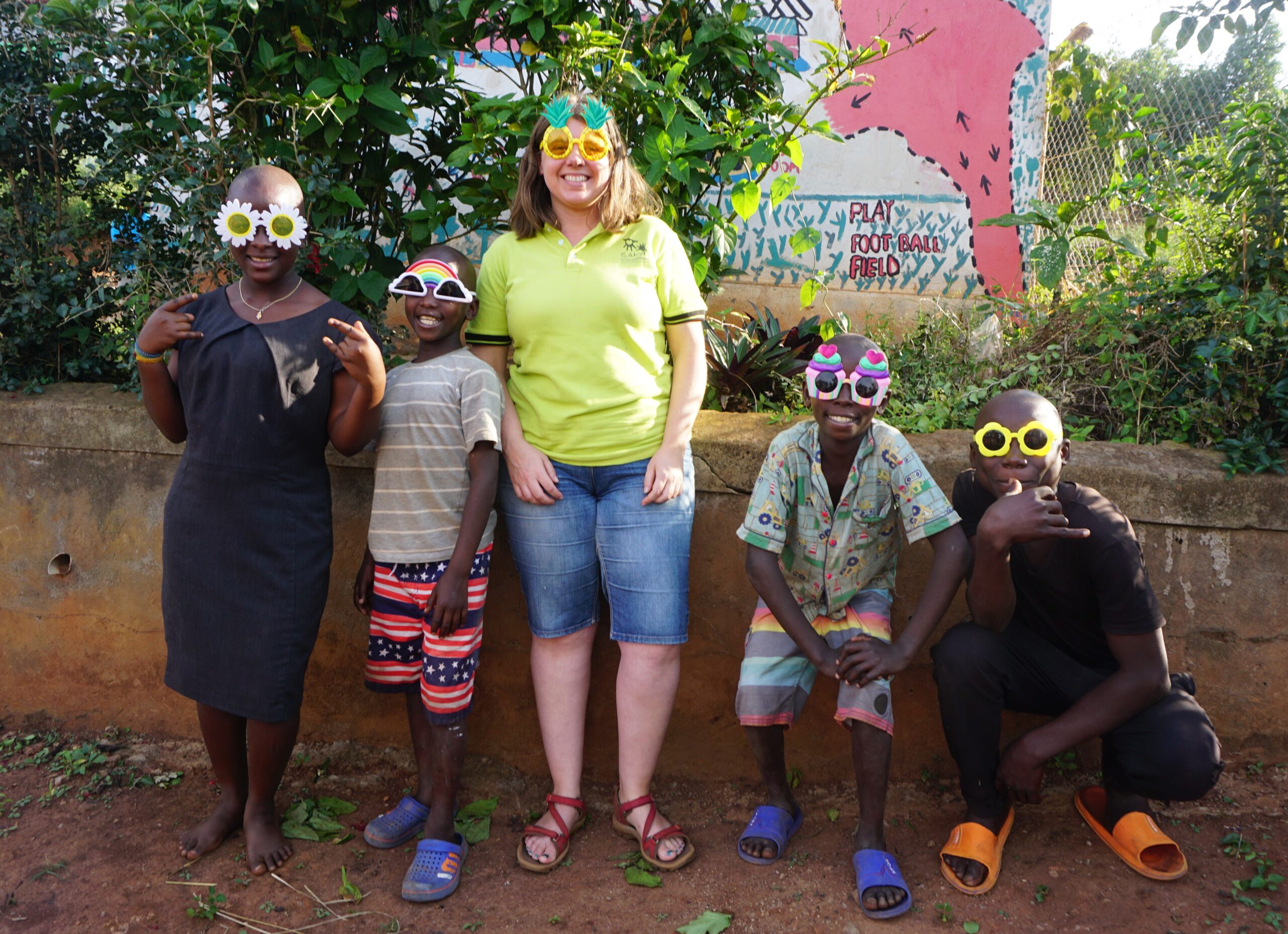 Nicola and children wearing funky sunglasses