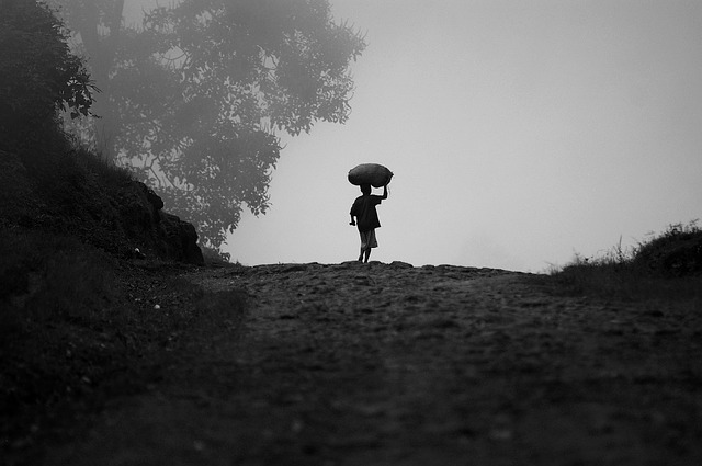 A child carries a heavy load on their head