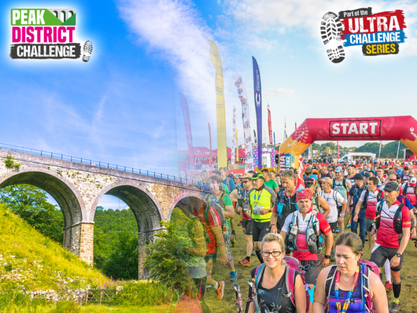 An advertising image for the Peak District. On the left are a crowd of people at the start point. On the right is an image of the scenery. The two images fade into one another