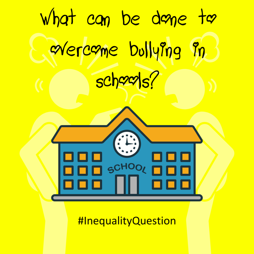 Picture of a school with debate question asking what can be done to overcome bullying in schools