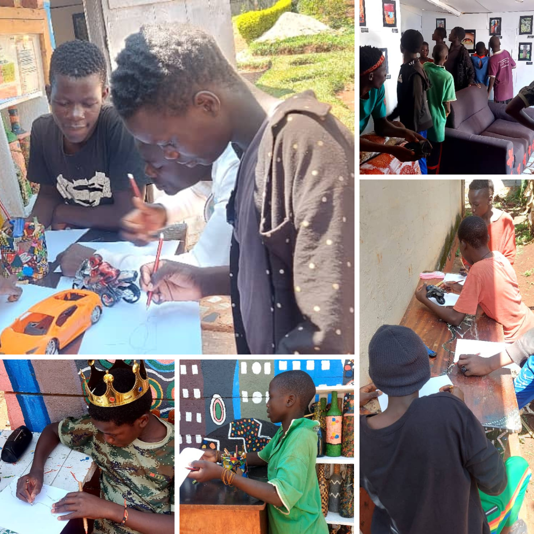 a group of pictures of street connected children doing art work
