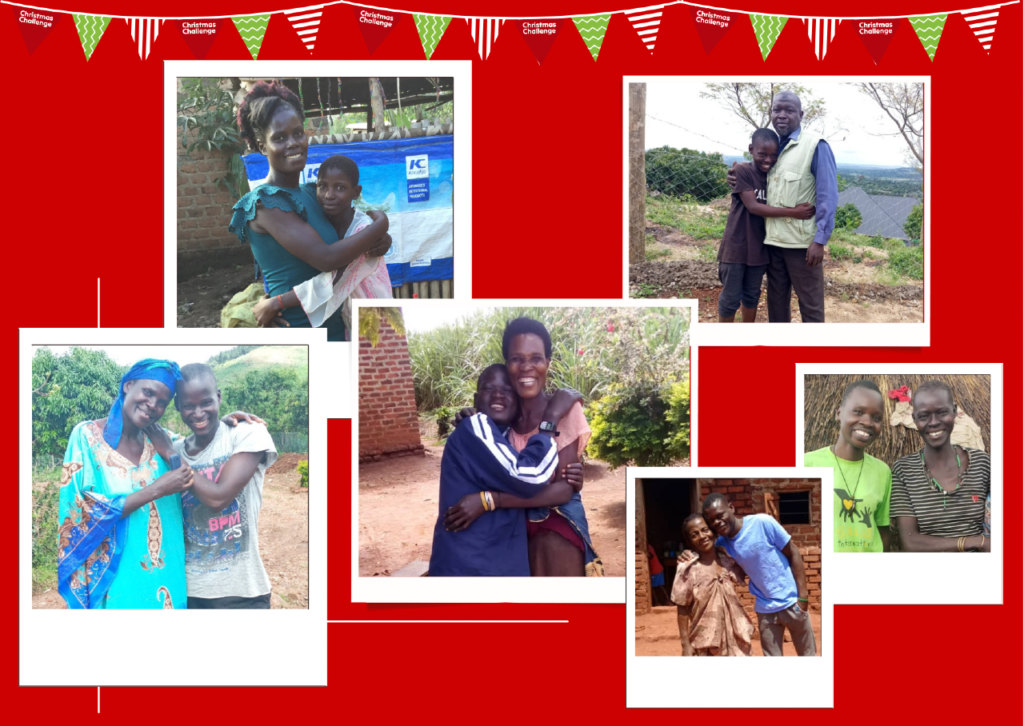 A collage of pictures of smiling children with family members