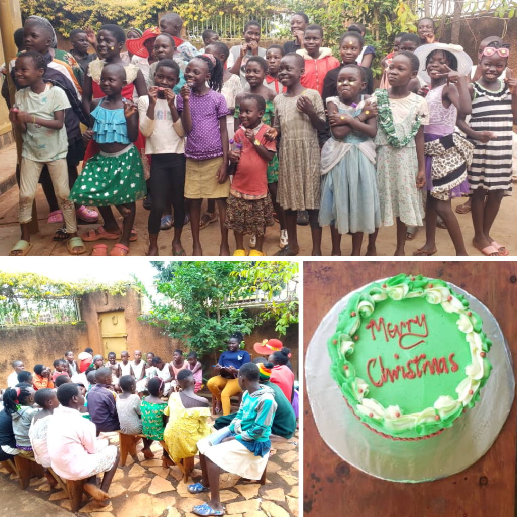 A montage of photos taken at a Christmas party for children at SALVE. There are large group shots of the children smiling and a cake iced with Merry Christmas.