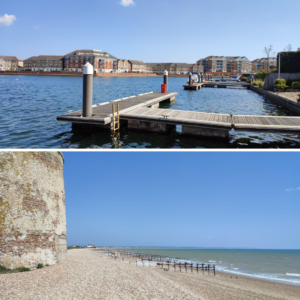 Eastbourne harbour and beach scene